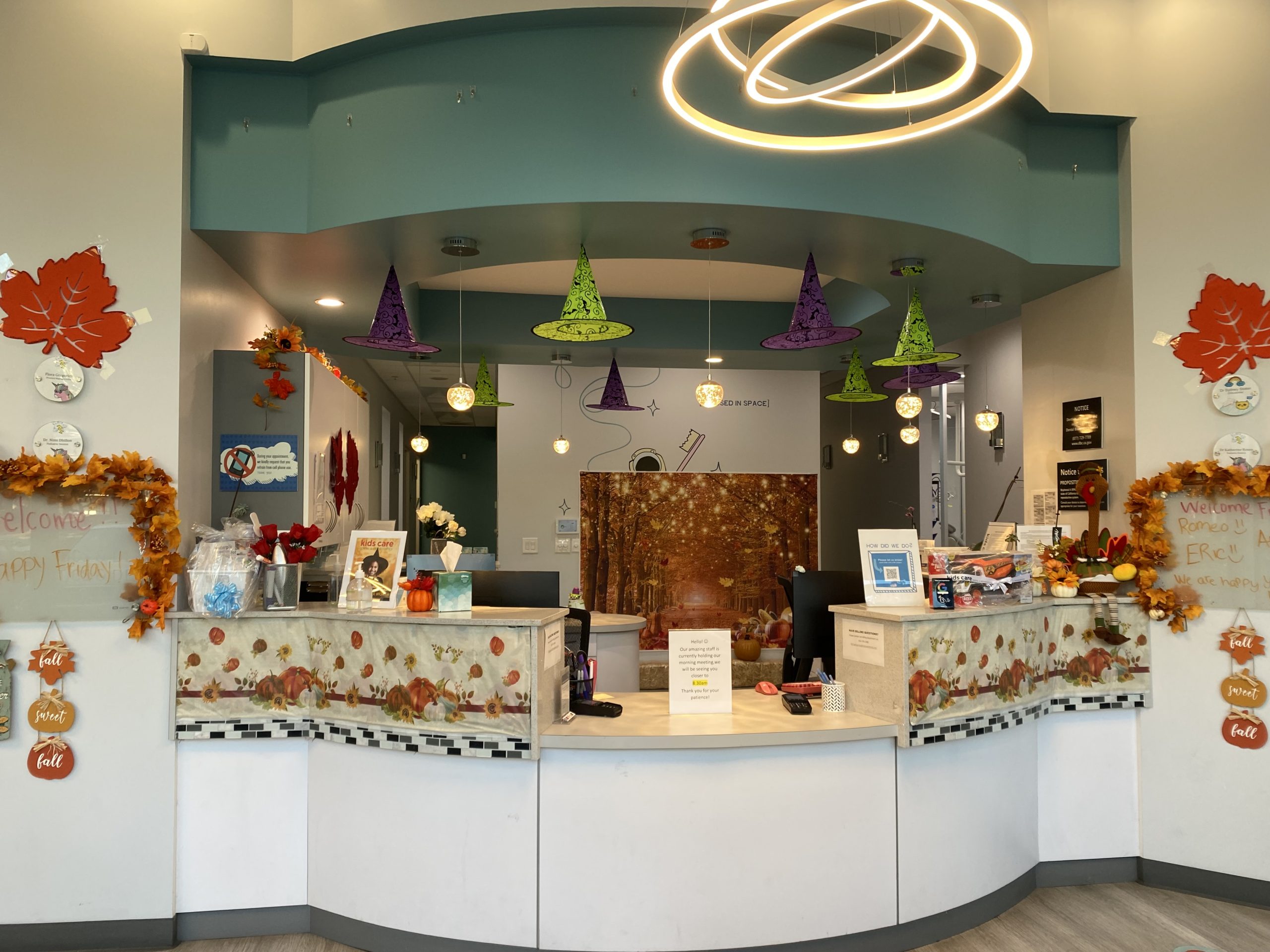 Fall decorated front desk at Kids Care Dental & Orthodontics in San Jose, CA