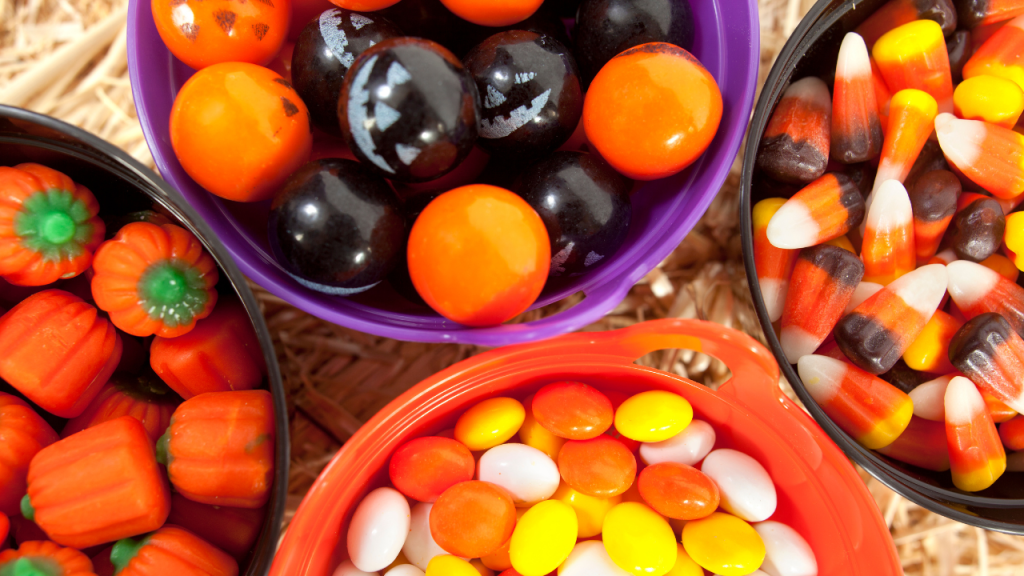 close up candy corn and various halloween candies