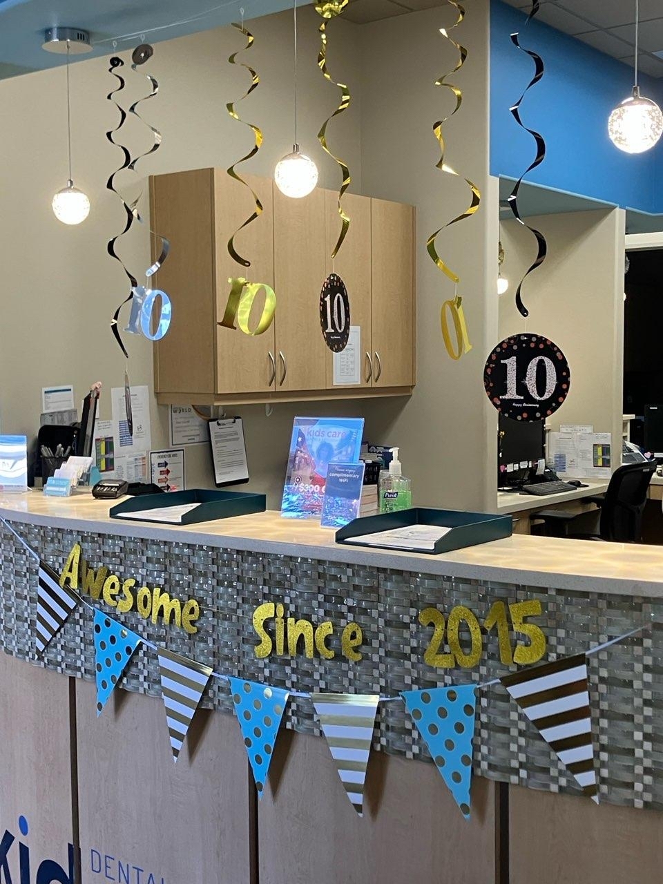 Decorated front desk at Kids Care Dental Tracy