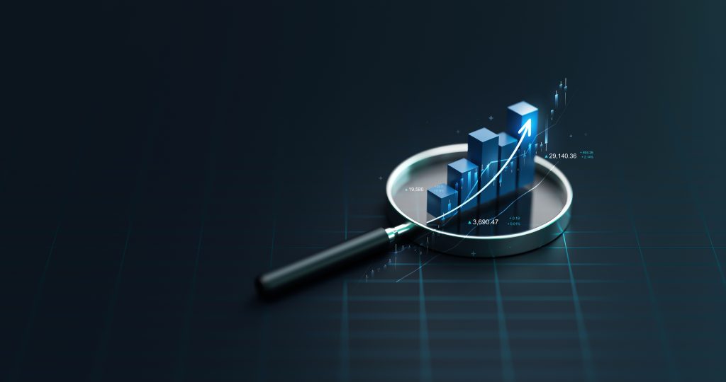 Growth strategy business graph analysis concept on finance chart data diagram 3d background of digital financial technology stock market or investment trade report and success profit money management.
