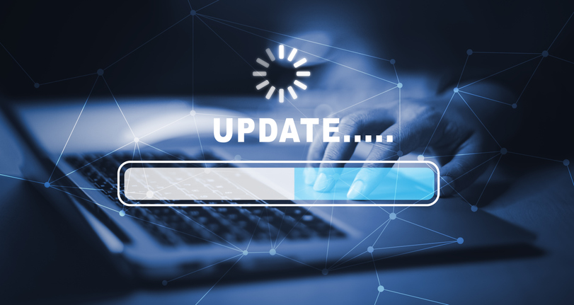 Man using laptop with Update Software Computer Program Upgrade Business Technology Internet, Update on virtual screen. Internet and technology concept, loading bar with installing the update.