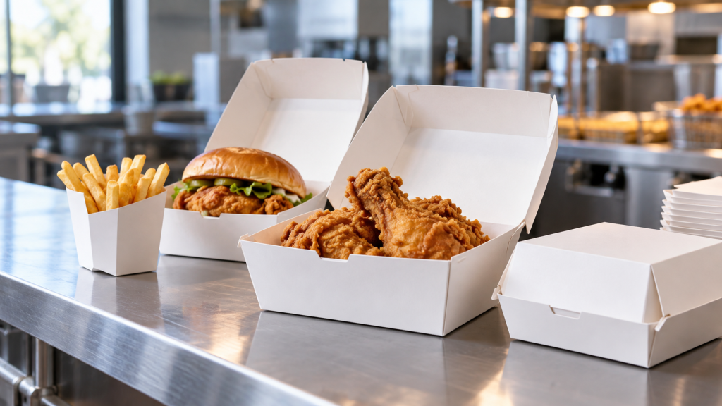 Grease resistant paperboard cartons holding fried chicken, a sandwich and fries on a quick-service restaurant counter.