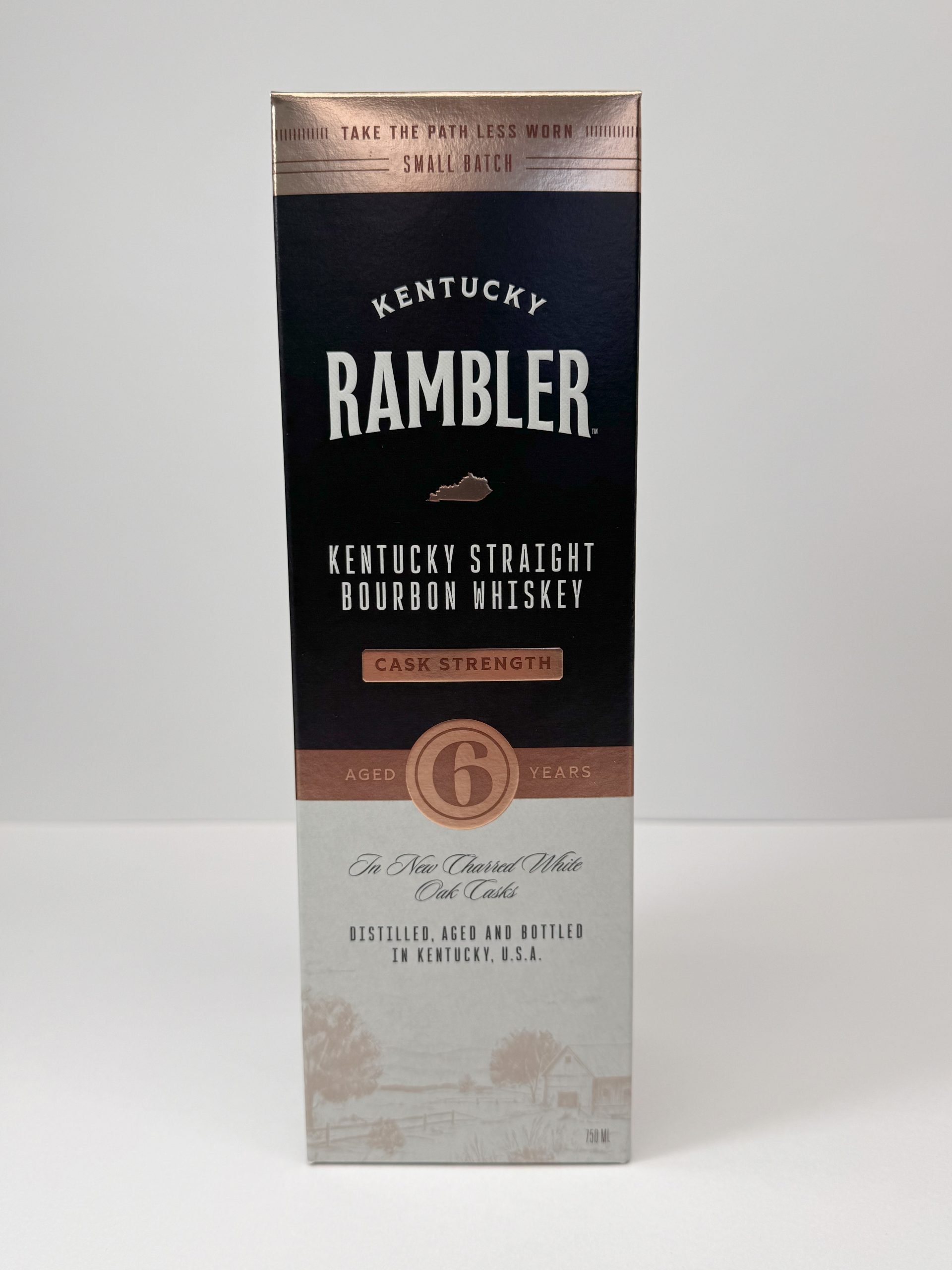 Kentucky Rambler Cask Strength whiskey packaging with foil and embossed details, produced by Pak-Pro.